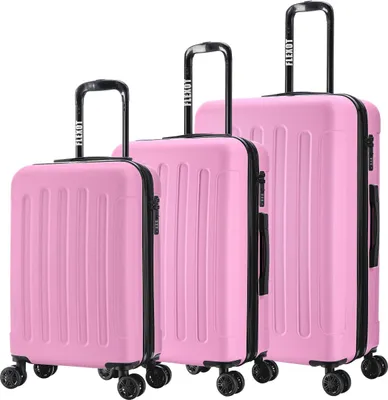 Three pink suitcases of varying sizes arranged side-by-side against a white background.