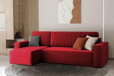 Productafbeelding van Eckbank, slaapbank, bank MARIS, bekleding: stof, kleur: rood, met poef, links