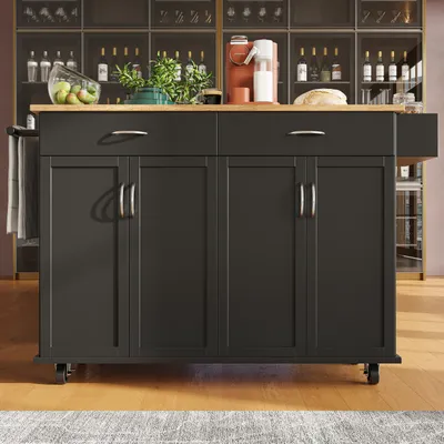 Produktbild von MERAX Küchenwagen mit erweiterbarer Arbeitsplatte, Küchenschrank mit Holzmaserung, 2 Schubladen, Handtuchhalter 106×50×90.5cm, Schwarz