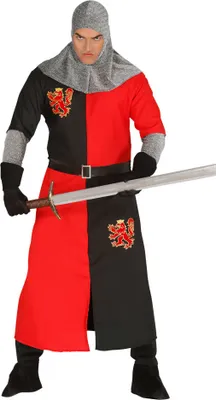 A man wearing a medieval knight costume holding a sword.