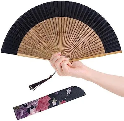 Produktbild von Bunter Fächer aus Bambus, Oxford-Stil, Kungfu-Design, Rave-Fächer, faltbarer Handfächer, chinesische/japanische Dekoration, Sommeraccessoire für Hochzeit, Party, Tanz, Musikfestival, Aufführung (Schwarz)