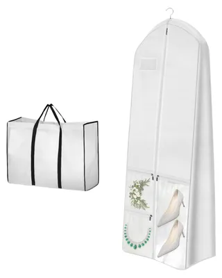 Image de Housse à vêtements, 180 x 60 cm, longue housse respirante à 3 compartiments, housse de protection pliable pour robes de mariée, housse pour costume, housse de voyage pour robes de mariée, robes de soirée et manteaux.