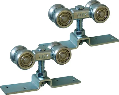 A product shot of two sliding door rollers on a white background.