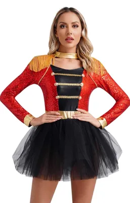 Immagine prodotto di Costume da direttrice di circo da donna - taglia S - abito da ballo con paillettes, frange e tutù, versatile body/tuta per costumi, carnevale, cosplay