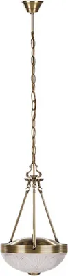 A hanging chandelier with a bronze-silver finish and a white patterned glass shade.