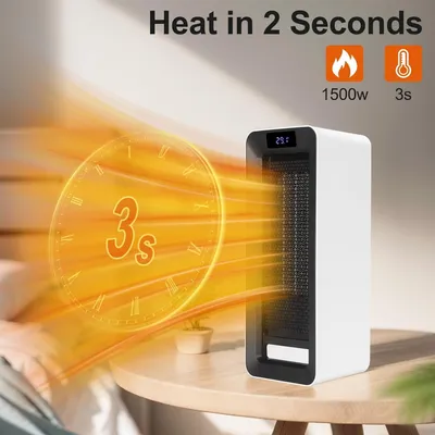 A white electric heater is shown on a wooden table, with a graphic overlay indicating rapid heating.