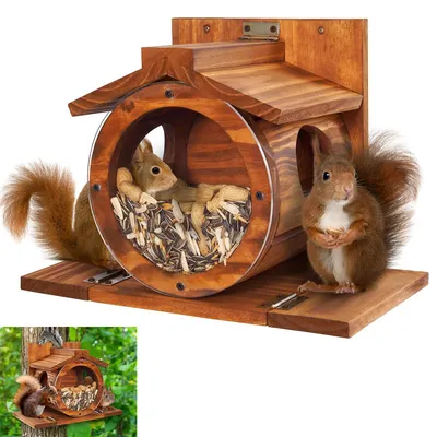 Produktbild von Eichhörnchen Futterstation aus Holz, 13*6.7*9inch, für den Winter im Freien, für Mais, Erdnüsse, langlebige Box,leicht zu befüllen,mit Dach zum Öffnen