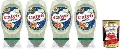 Produktbild von Calvé Tzaziki Sauce,Würzsoße auf Basis von Gurken und Knoblauch, Glutenfrei Würzsauce, Top Down 4x 250ml + Italian Gourmet polpa 400g
