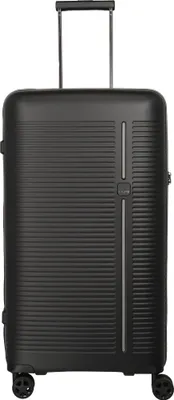 A black trolley suitcase with a retractable handle and wheels.