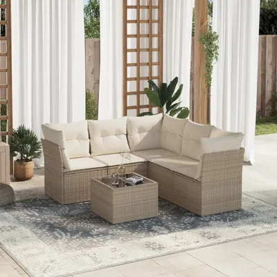 Produktbild von Design 6-tlg. Garten-Sofagarnitur mit Kissen Beige Poly Rattan, Gartenmöbel-Sets 2024 Neu