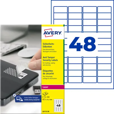 Produktbild von Avery Zweckform L6113-20, Sicherheits-Etiketten, A4, 45,7 x 21,2 mm, 960 Etiketten / 20 Bögen, weiß