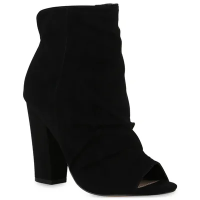 A black peep-toe bootie with a block heel is shown against a white background.