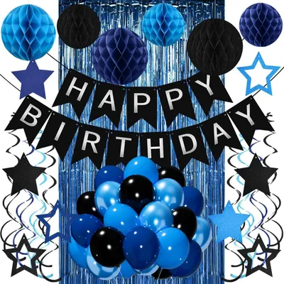 Productafbeelding van Verjaardagsdecoratieset in zwart en blauw, inclusief "Happy Birthday"-banner en ballonnen