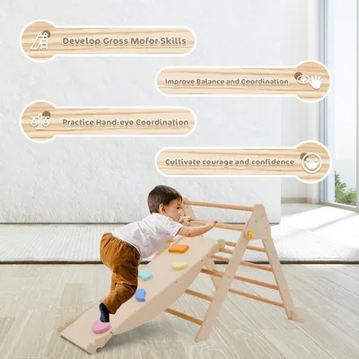 Imagen del producto de Estructura de juego triangular de madera, 4 en 1, con tobogán, escalera, arco y balancín, para niños de 1 a 5 años, plegable