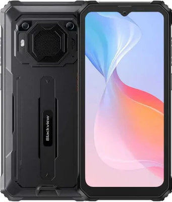 A rugged smartphone is shown from the back and front, displaying its screen.