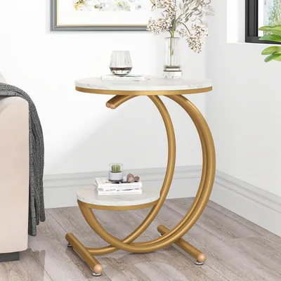 Immagine prodotto di Tavolino rotondo con 2 ripiani, comodino con vano portaoggetti, tavolino da caffè con struttura in metallo, tavolino per divano, ideale per soggiorno o camera da letto, colore bianco e oro