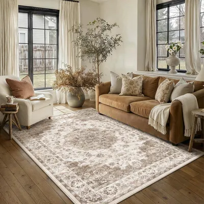 Zdjęcie produktu dla Dywan do salonu, 160x230 cm, brązowy, można prać, krótki włos, styl vintage, antypoślizgowy