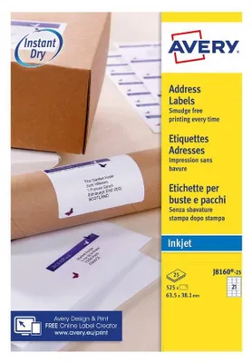 Obrázek produktu pro Avery J8160-25, Bílá, A4, Papír, InkJet, Permanentní, 6,35 cm