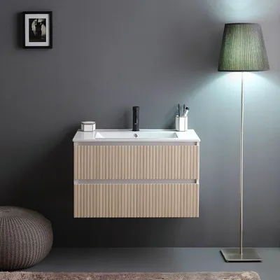 Immagine prodotto di Mobile bagno sospeso 80cm bianco con 2 cassetti rovere cannettato | Bilbao
