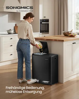 Produktbild von Abfalleimer 2 Fächer, Mülleimer 2 x 30 L, Tretmülleimer Softclose-Deckel, Küche, herausnehmbare Inneneimer, schwarz