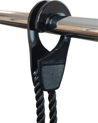 A black plastic fender holder is attached to a metal rail, with a black rope hanging from it.