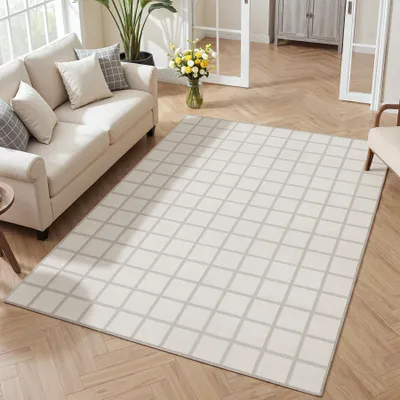 Produktbild von Tribesigns Modernes Kariert Kurzflor Teppich 160x230 cm, Gittermuster, waschbar, rutschfest, weich für Wohnzimmer, Schlafzimmer, , Creme