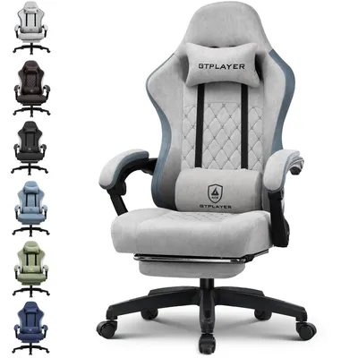 A gaming chair is displayed in multiple colors on the left side of the image, with a close-up of the gray version on the right.