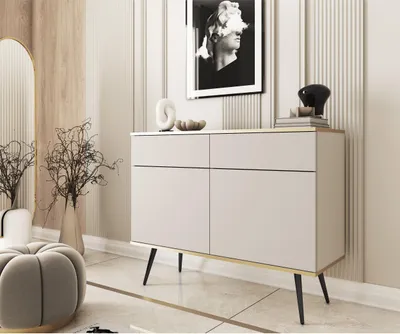 Produktbild von 2-türig Kommode Glow im glamour Stil Schrank mit Regalen und Schubladen modern Sideboard mit Schwarzenen Zusätzen, Farbe: Beige, Schwarz