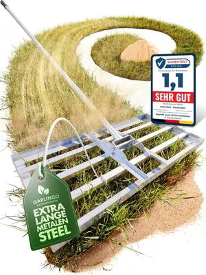 Zdjęcie produktu dla Rakieta do trawy o wymiarach 75 x 35 cm, wykonana ze stali, z teleskopowym uchwytem o długości 1,7 m, przeznaczona do wyrównywania powierzchni trawnika