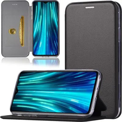 A product shot of a black flip phone case for a Xiaomi Redmi Note 8 Pro, shown from multiple angles.