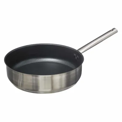 A stainless steel frying pan with a black interior and a silver handle is shown against a white background.