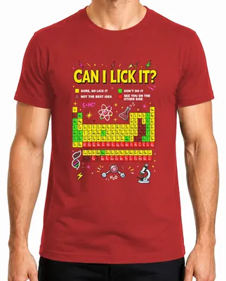 Imagen del producto de Camiseta roja para hombre con el texto: "Can I Lick It Science Chemistry Periodic Statement" (¿Puedo lamerlo? Ciencia, química, tabla periódica). Talla M