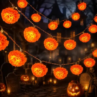 Produktbild von Lichterkette Halloween-Dekoration – 4,5 m – 30 LEDs – Goldene Blumen – Lichterkette für Halloween – 8 Lichtmodi