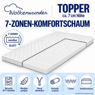 Produktbild von Wolkenwunder Wellflex XXL 7-Zonen-Wendetopper 80 x 200 cm, H4 / H5, ca. 7 cm Höhe, Bezug waschbar bis 60 °C