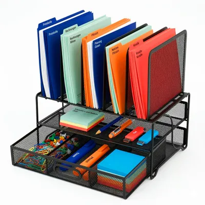 Image de Organiseur de bureau Relaxdays, porte-classeurs avec tiroir et 6 compartiments, bureau, dimensions : 36 x 35 x 24,5 cm, métal, noir