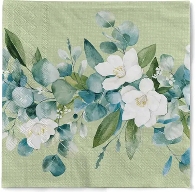 Produktbild von MANK Serviette Maxime aus Tissue 3-lagig, 33 x 33 cm, 1/4 Falz, 100 Stück - Floral Eukalyptus