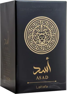 A black perfume box with gold lettering and a lion emblem.