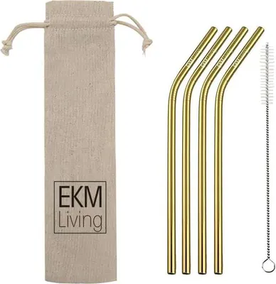 Image de Edelstahl Strohhalme 4er Set Gold gebogen, Trinkhalme, bruchfest, wiederverwendbar, spülmaschinengeeignet, plastikfrei, von EKM Living GmbH