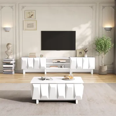 Imagen del producto de Conjunto de salón Merax que incluye un mueble bajo para televisión y una mesa de centro. El mueble para televisión tiene 4 puertas y un espacio abierto. El mueble de salón tiene un relieve de diamantes y está hecho de aglomerado, color blanco