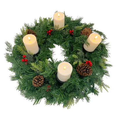 Produktbild von Künstlicher Adventskranz 60 cm mit 4 LED-Kerzen Flacker-Effekt geschmückt mit Tannenzapfen und roten Beeren