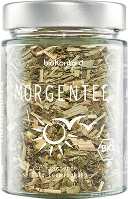 Produktbild von Morgentee 55 g, loser Tee im Schraubglas mit erfrischenden Kräutern wie Mate, Sencha, Pfefferminze Kräutertee von bioKontor