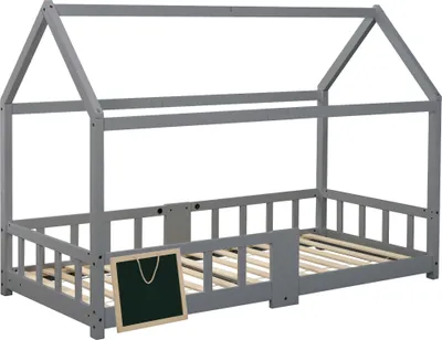 Produktbild von Hausbett mit Lattenrost, 90x200 cm, Kinderbett mit Rausfallschutz, Einzelbett, Jugendbett, Kiefer