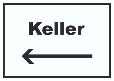 Produktbild von Keller Schild mit Text und Richtungspfeil links waagerecht A4 Rückseite selbstklebend