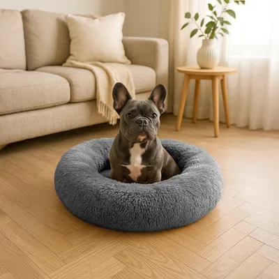 Obrázok produktu pre belviona donutový pelech pre psa, útulný plyšový pelech s mäkkou výplňou, bezpečným uchytením a ergonomickým okrajom, priemer 70 cm, antracitová farba