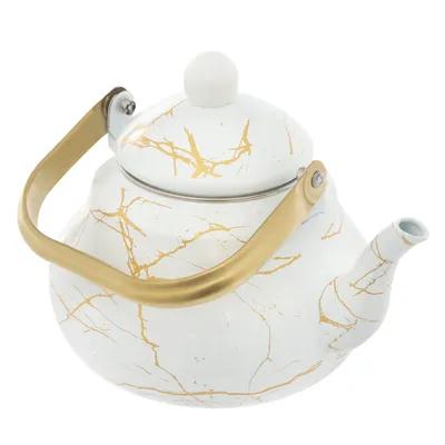 A white teapot with gold marbling and a gold handle, shown against a white background.