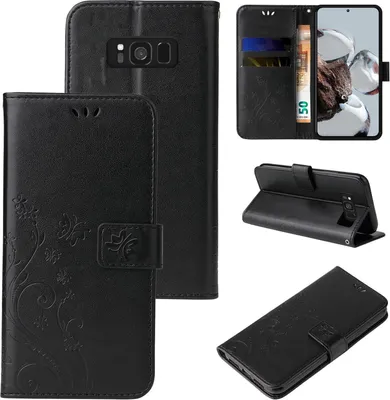 A collage of images showing a black flip phone case with floral and butterfly embossing, including views of the case open, closed, and propped up as a stand.