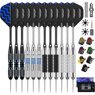Productafbeelding van Stalen dartpijlen met metalen punt, 12 stuks, professionele darts met rubberen gripringen en een dartcase, zilverkleurig