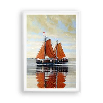 Produktbild von Gerahmtes Poster - Weißer Rahmen - Segelschiffe Öl Orange - 70x100 cm - Wand Bild - Wanddeko - Wandbilder - Kunstposter - Wandposter - Bilderrahmen - Bilder - Kunstdruck - P2WPA70x100-4404