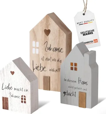 Produktbild von TOPANBIETER 999 Dekoaufsteller 3er Set Holz Häuser Tischdeko Schriftzug bemalt weiß, grau, natur