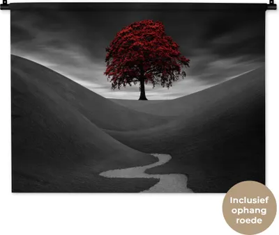 Produktbild von MuchoWow® Wandteppich Wandbehang Schwarz-Weiß-Foto mit einem roten Baum 90x67.5 cm Tapisserie Dekoration Wandtuch - Fototeppich - Wand-Skulpturen